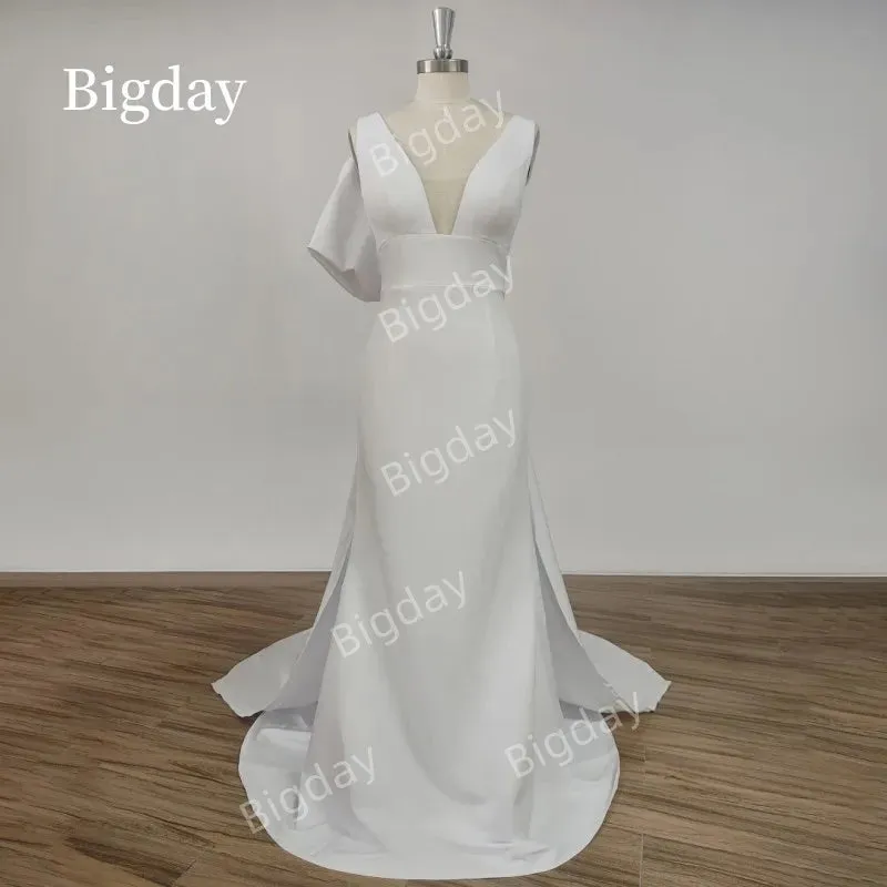 Mermaid Wedding Dress Detachable Train Bow V-Neck Elegant