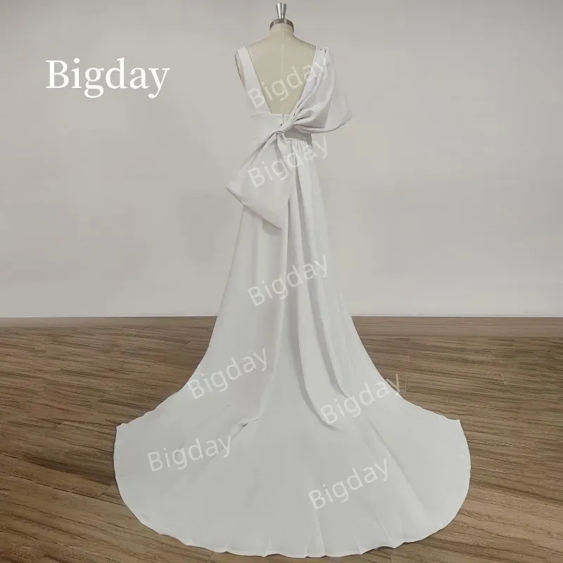 Mermaid Wedding Dress Detachable Train Bow V-Neck Elegant