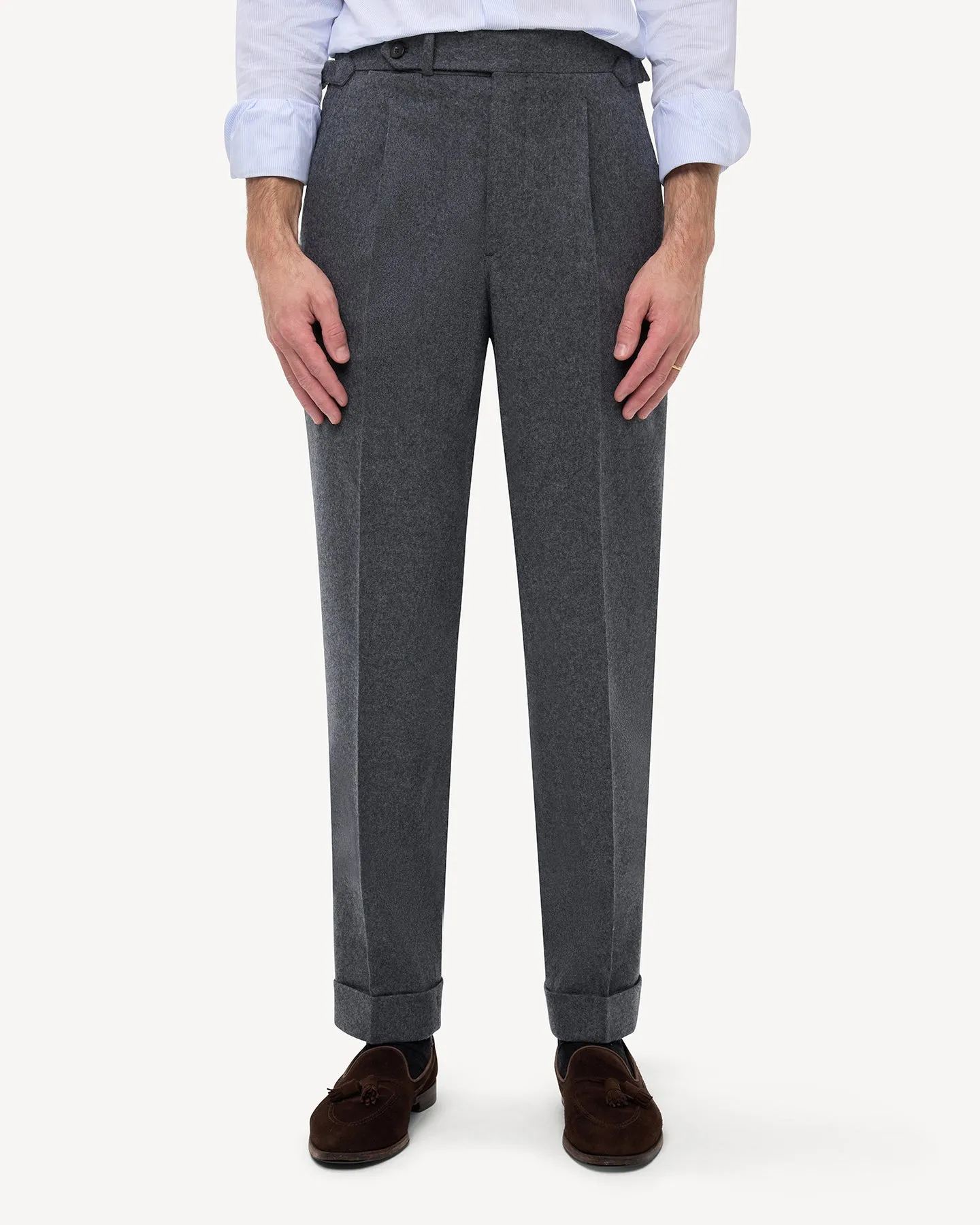 Mid Grey Single Pleat Flannel Trousers