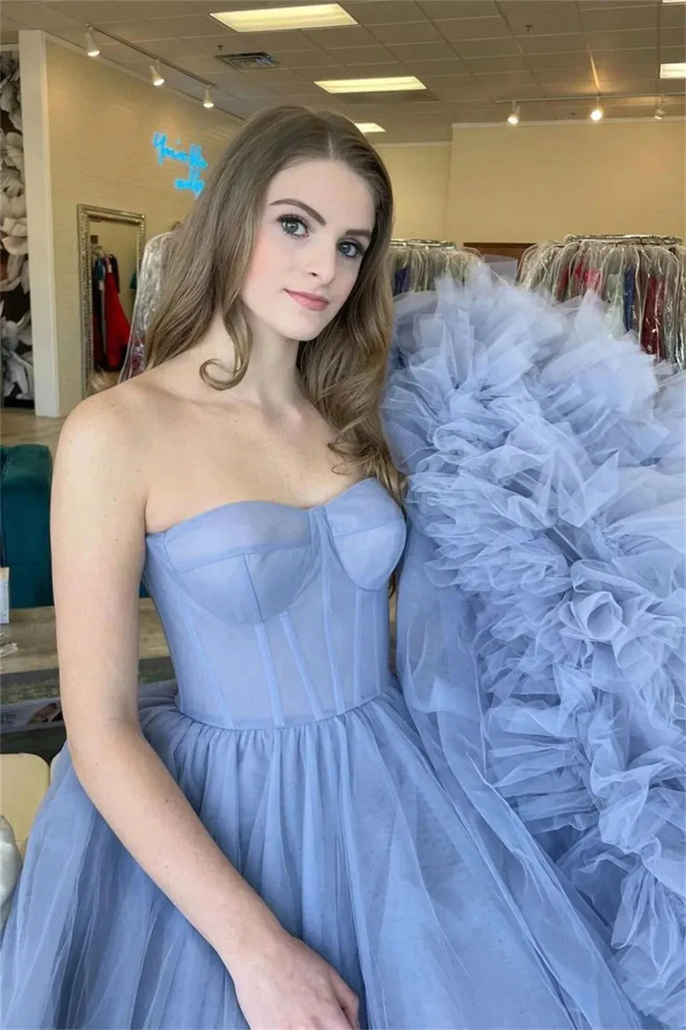 Misty Blue Prom Dresses Ball Gown Tulle Vestidos De Fiesta Graceful Off Shoulder Multilayer Graduation Party Dress