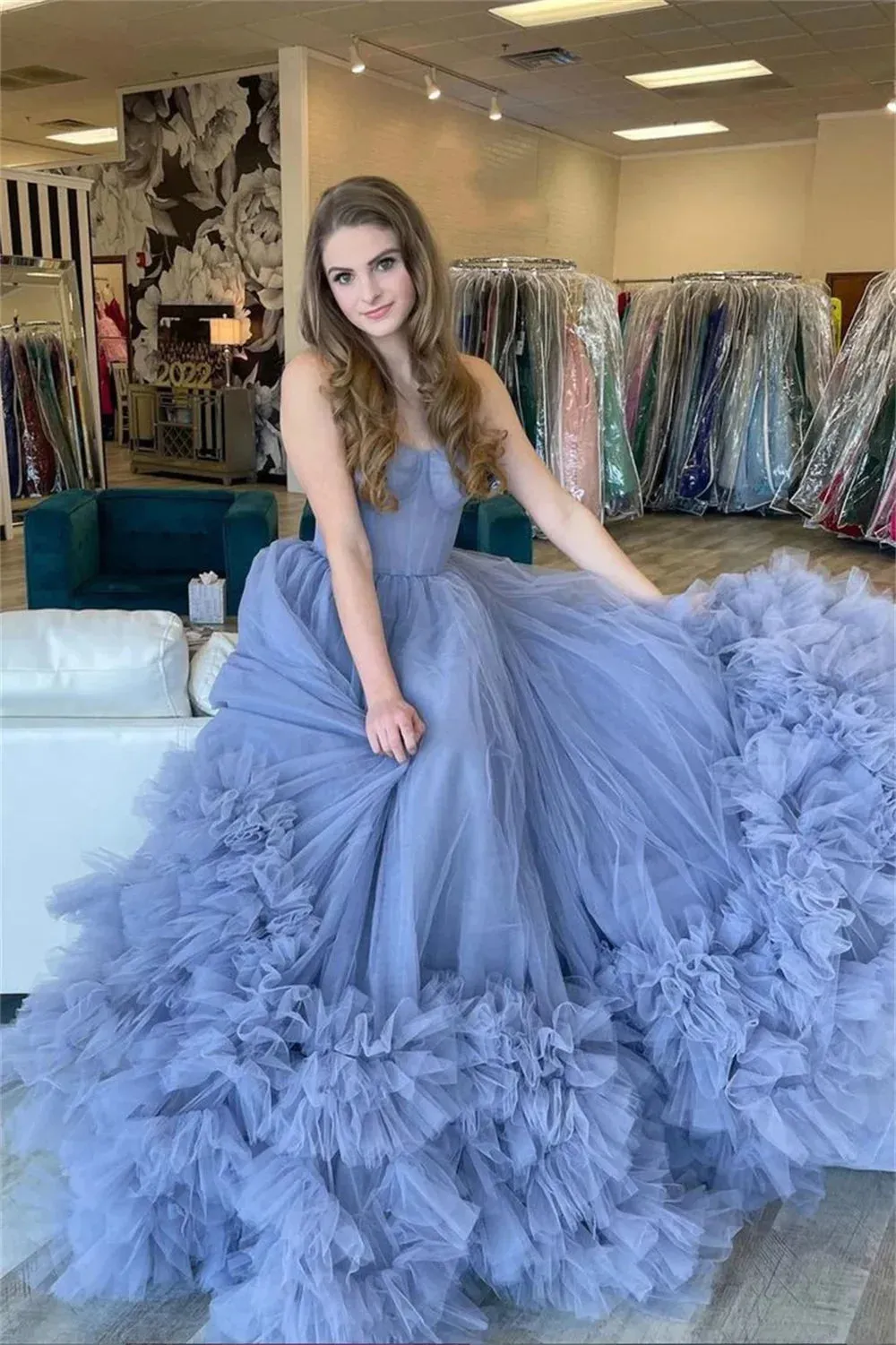 Misty Blue Prom Dresses Ball Gown Tulle Vestidos De Fiesta Graceful Off Shoulder Multilayer Graduation Party Dress