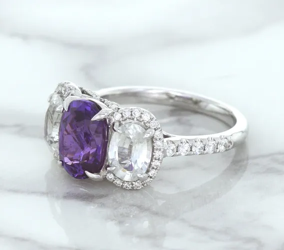 Multicolor Sapphire Ring with Diamond Halo in 18K White Gold