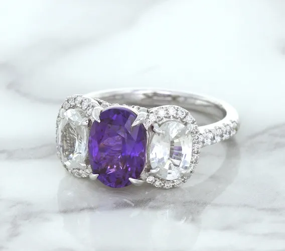 Multicolor Sapphire Ring with Diamond Halo in 18K White Gold