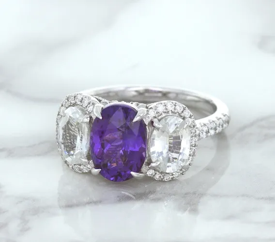 Multicolor Sapphire Ring with Diamond Halo in 18K White Gold
