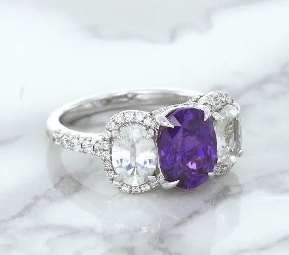 Multicolor Sapphire Ring with Diamond Halo in 18K White Gold