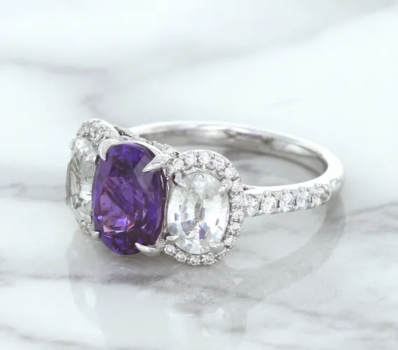 Multicolor Sapphire Ring with Diamond Halo in 18K White Gold