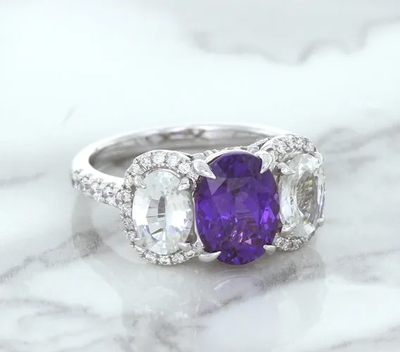 Multicolor Sapphire Ring with Diamond Halo in 18K White Gold
