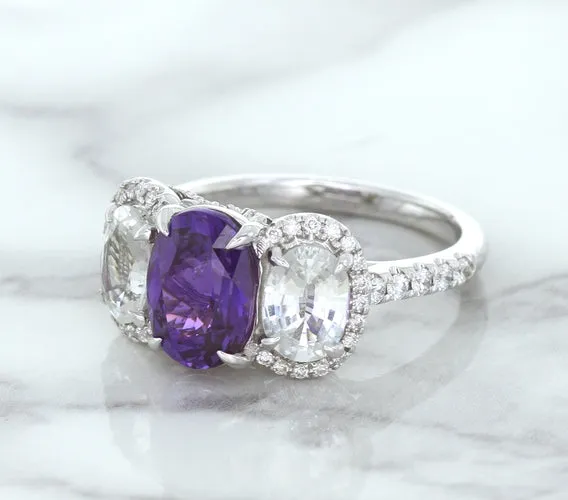 Multicolor Sapphire Ring with Diamond Halo in 18K White Gold