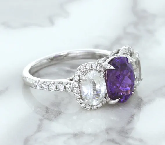 Multicolor Sapphire Ring with Diamond Halo in 18K White Gold