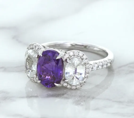 Multicolor Sapphire Ring with Diamond Halo in 18K White Gold