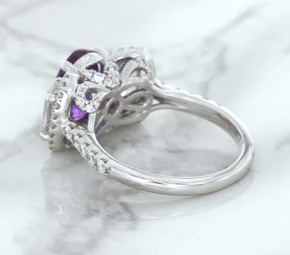 Multicolor Sapphire Ring with Diamond Halo in 18K White Gold