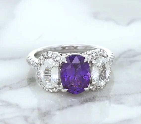 Multicolor Sapphire Ring with Diamond Halo in 18K White Gold