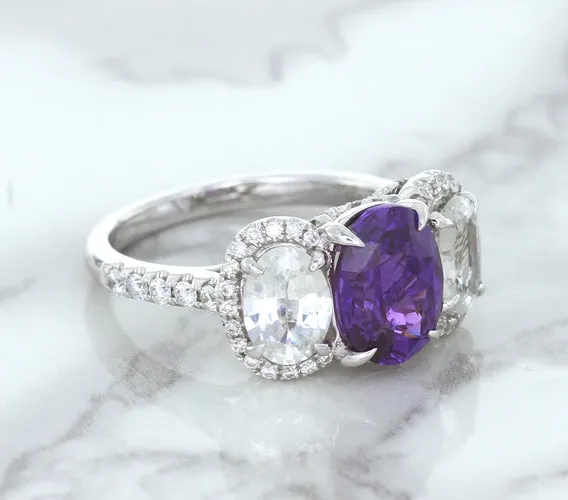 Multicolor Sapphire Ring with Diamond Halo in 18K White Gold