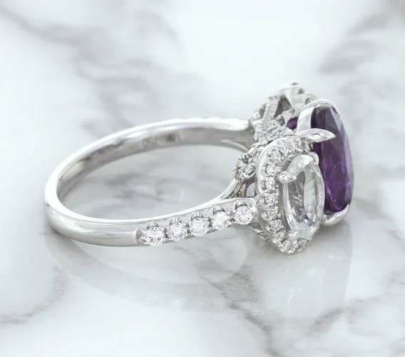 Multicolor Sapphire Ring with Diamond Halo in 18K White Gold