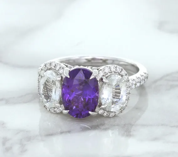 Multicolor Sapphire Ring with Diamond Halo in 18K White Gold