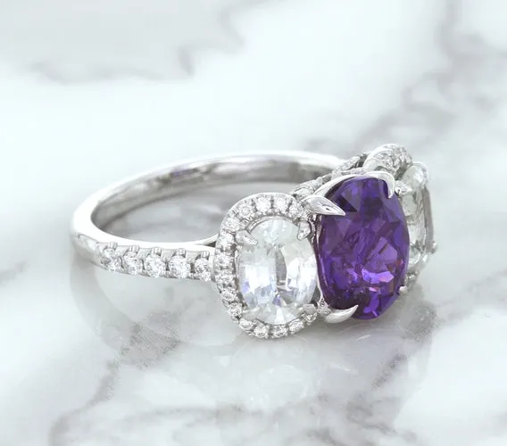 Multicolor Sapphire Ring with Diamond Halo in 18K White Gold