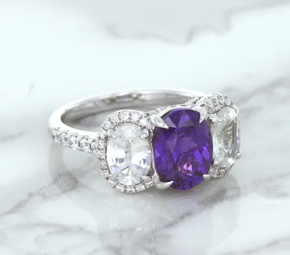 Multicolor Sapphire Ring with Diamond Halo in 18K White Gold