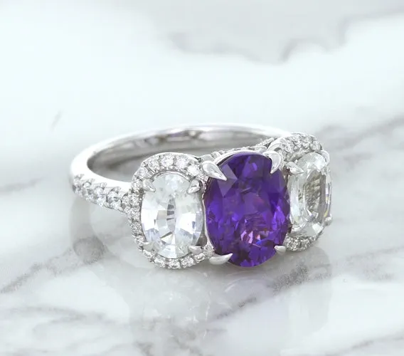 Multicolor Sapphire Ring with Diamond Halo in 18K White Gold