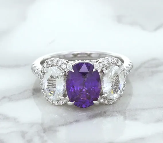 Multicolor Sapphire Ring with Diamond Halo in 18K White Gold