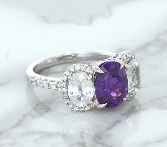 Multicolor Sapphire Ring with Diamond Halo in 18K White Gold