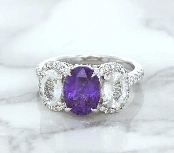 Multicolor Sapphire Ring with Diamond Halo in 18K White Gold
