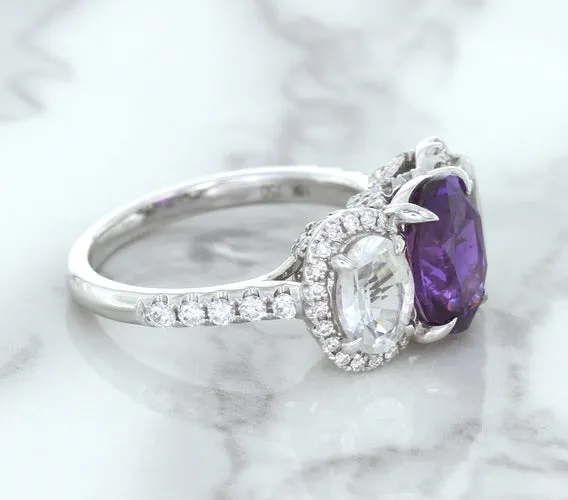 Multicolor Sapphire Ring with Diamond Halo in 18K White Gold