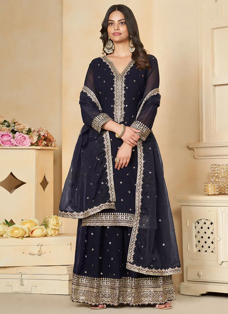 Navy Blue Sequence Embroidery Traditional Sharara Suit