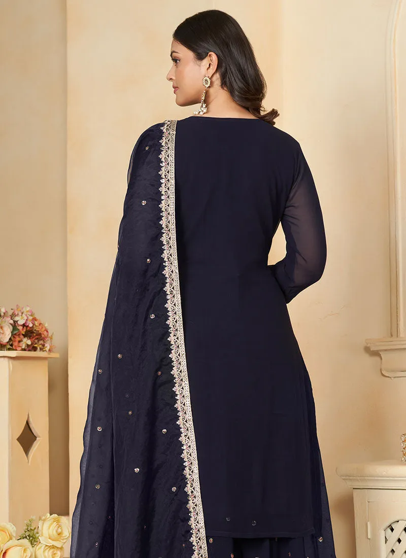 Navy Blue Sequence Embroidery Traditional Sharara Suit