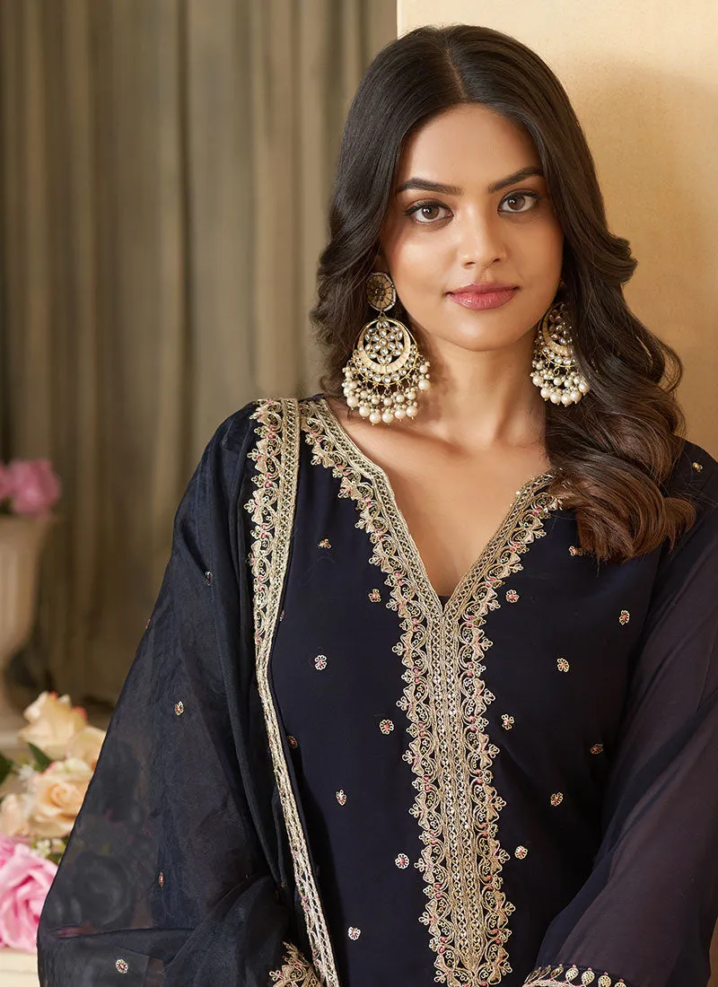 Navy Blue Sequence Embroidery Traditional Sharara Suit