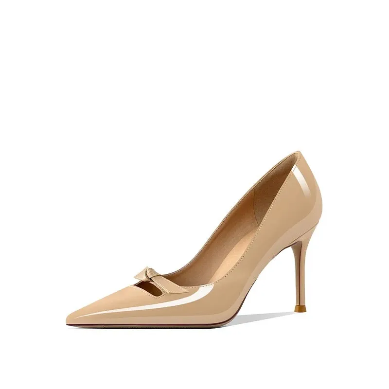 Nude Beige Patent Bow Pumps