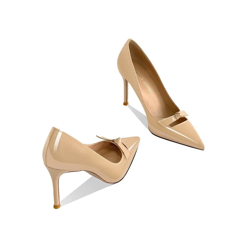Nude Beige Patent Bow Pumps