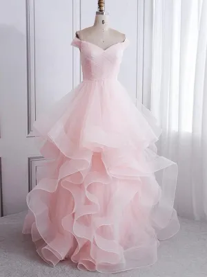 Off Shoulder Pink Long Prom Dresses, Fluffy Pink Formal Evening Dresses, Ball