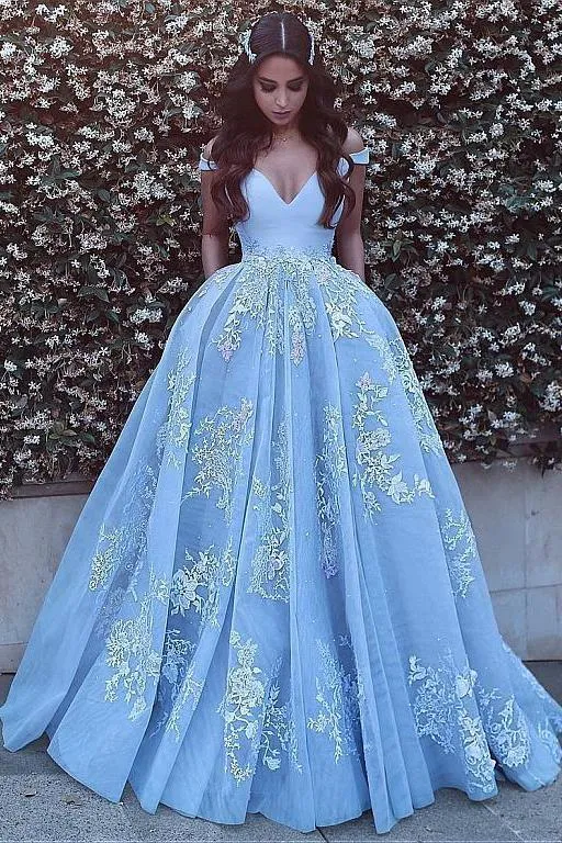 off the shoulder blue prom dresses ball gown lace appliqué v neck elegant arabic prom gown vestido de Longo