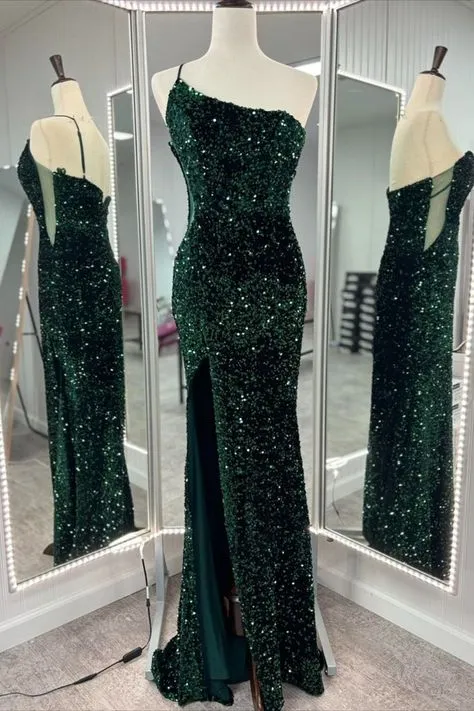 One Shoulder Long Emerald Green Prom Dress Mermaid Sequin