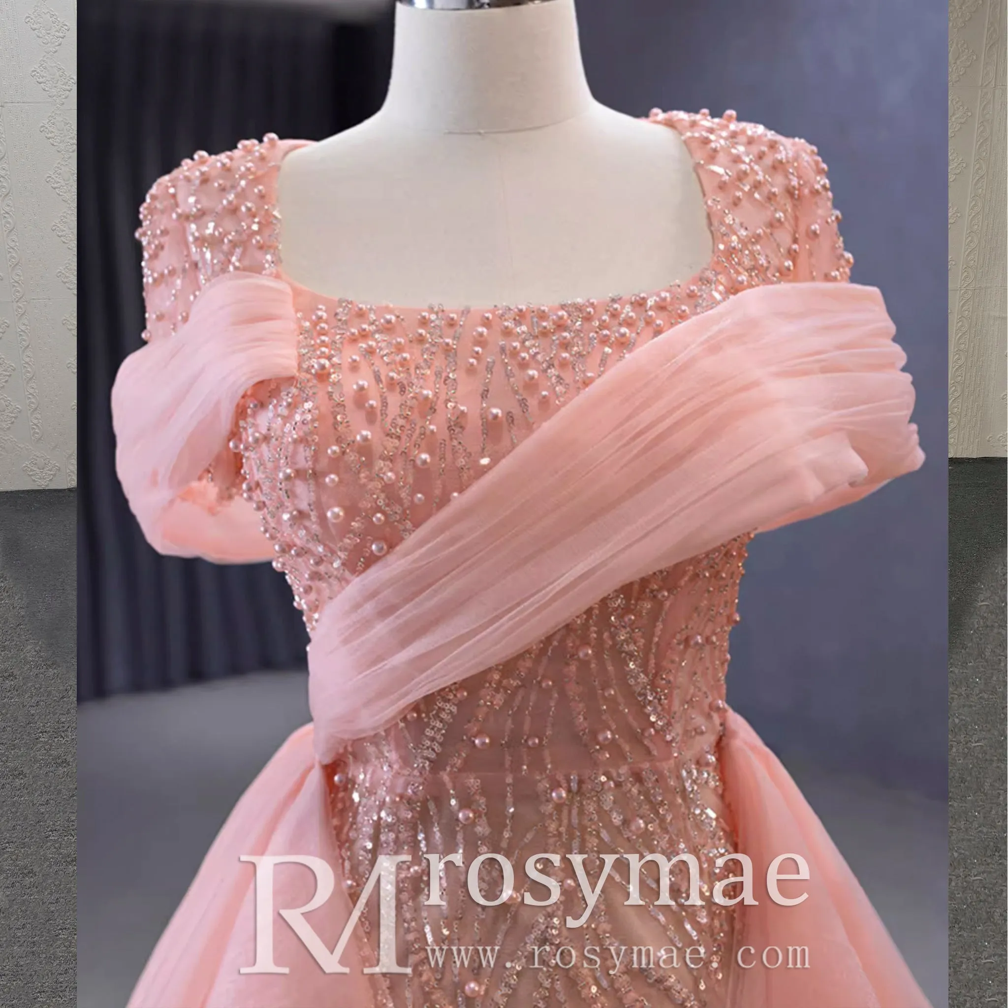 Pink Detachable Train Beading Mermaid Evening Gown See Through Party Dress