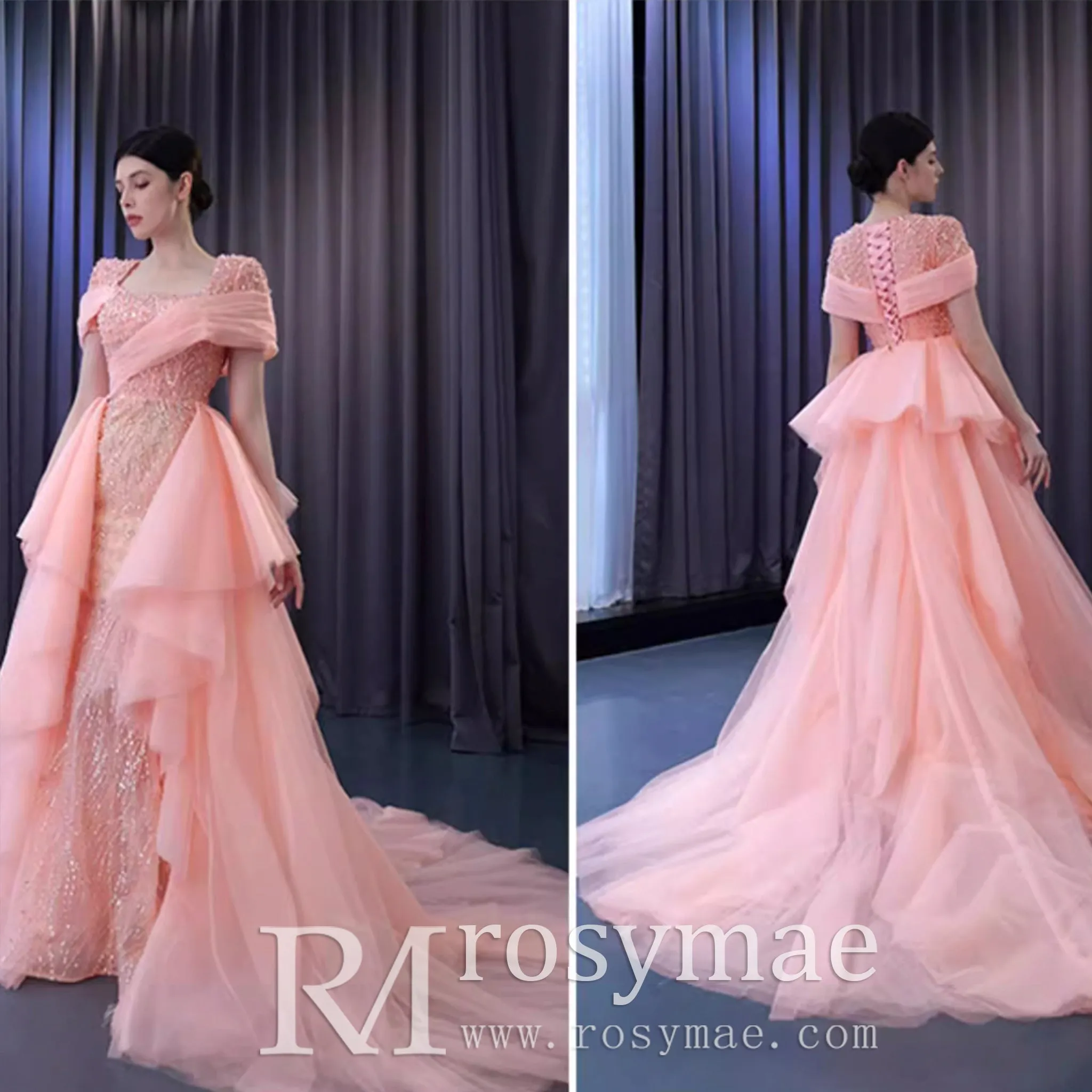 Pink Detachable Train Beading Mermaid Evening Gown See Through Party Dress