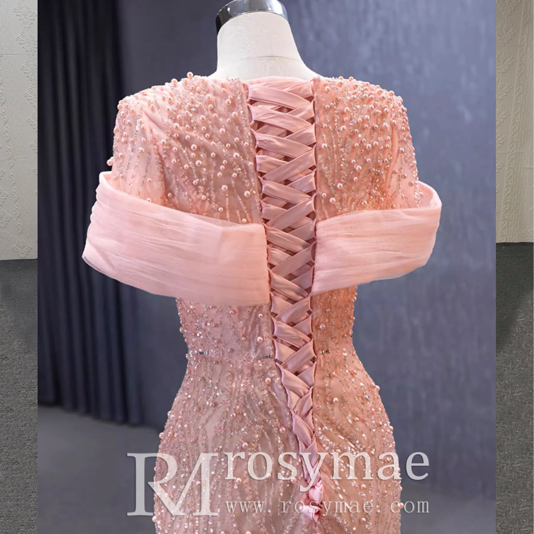 Pink Detachable Train Beading Mermaid Evening Gown See Through Party Dress