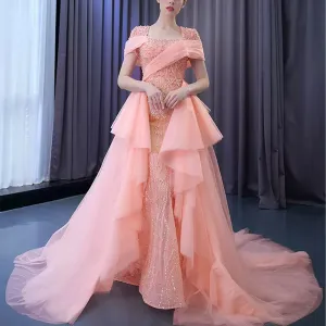 Pink Detachable Train Beading Mermaid Evening Gown See Through Party Dress