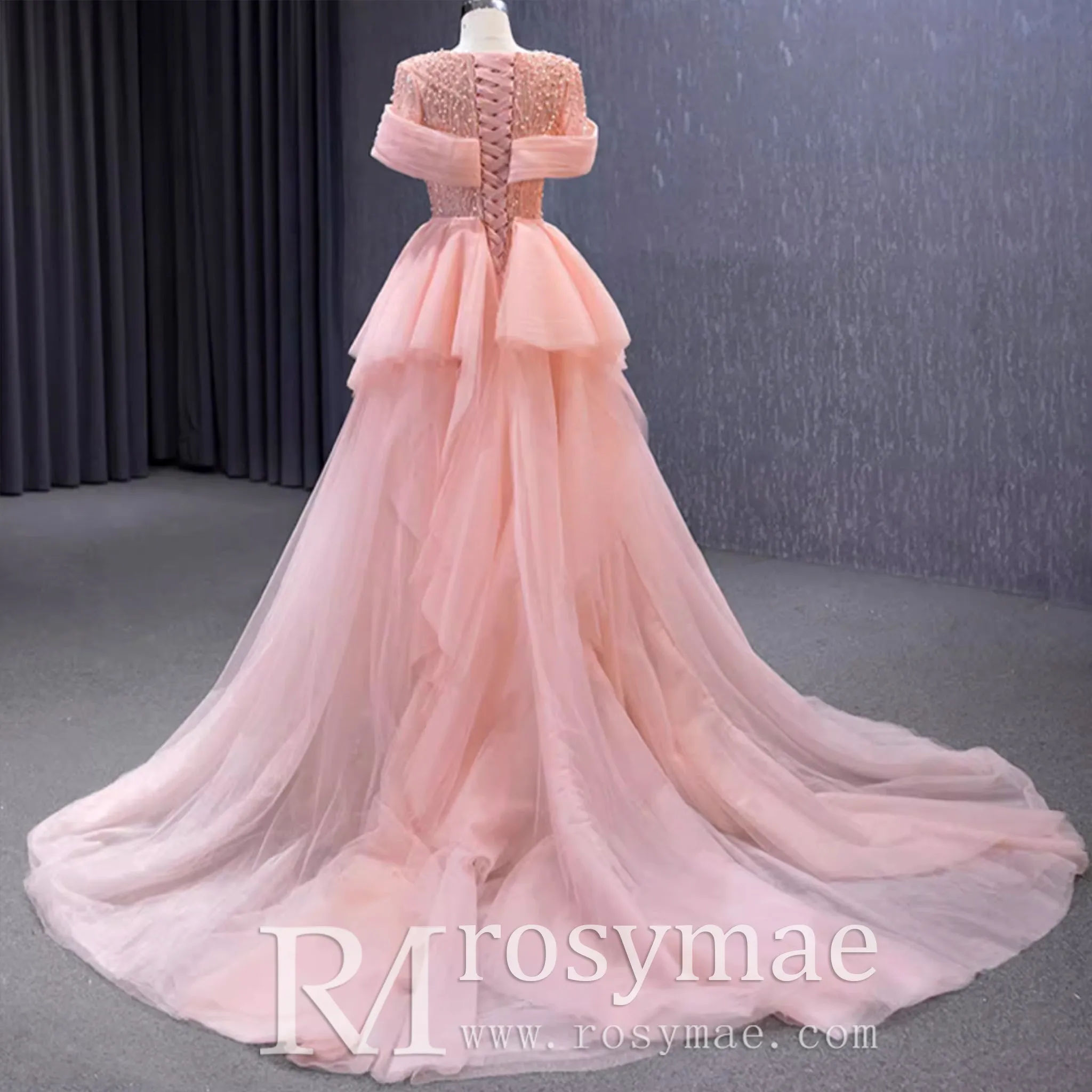 Pink Detachable Train Beading Mermaid Evening Gown See Through Party Dress