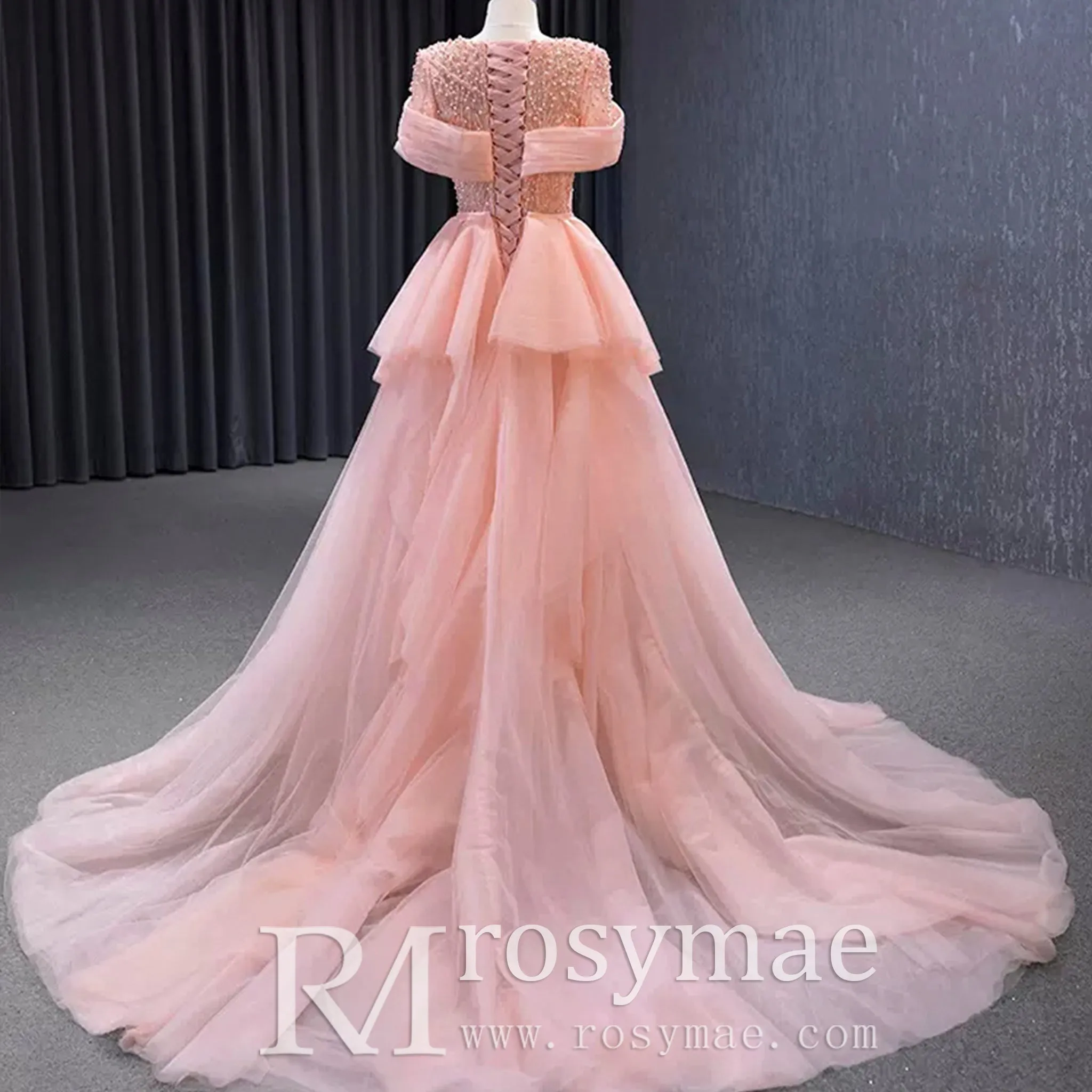 Pink Detachable Train Beading Mermaid Evening Gown See Through Party Dress