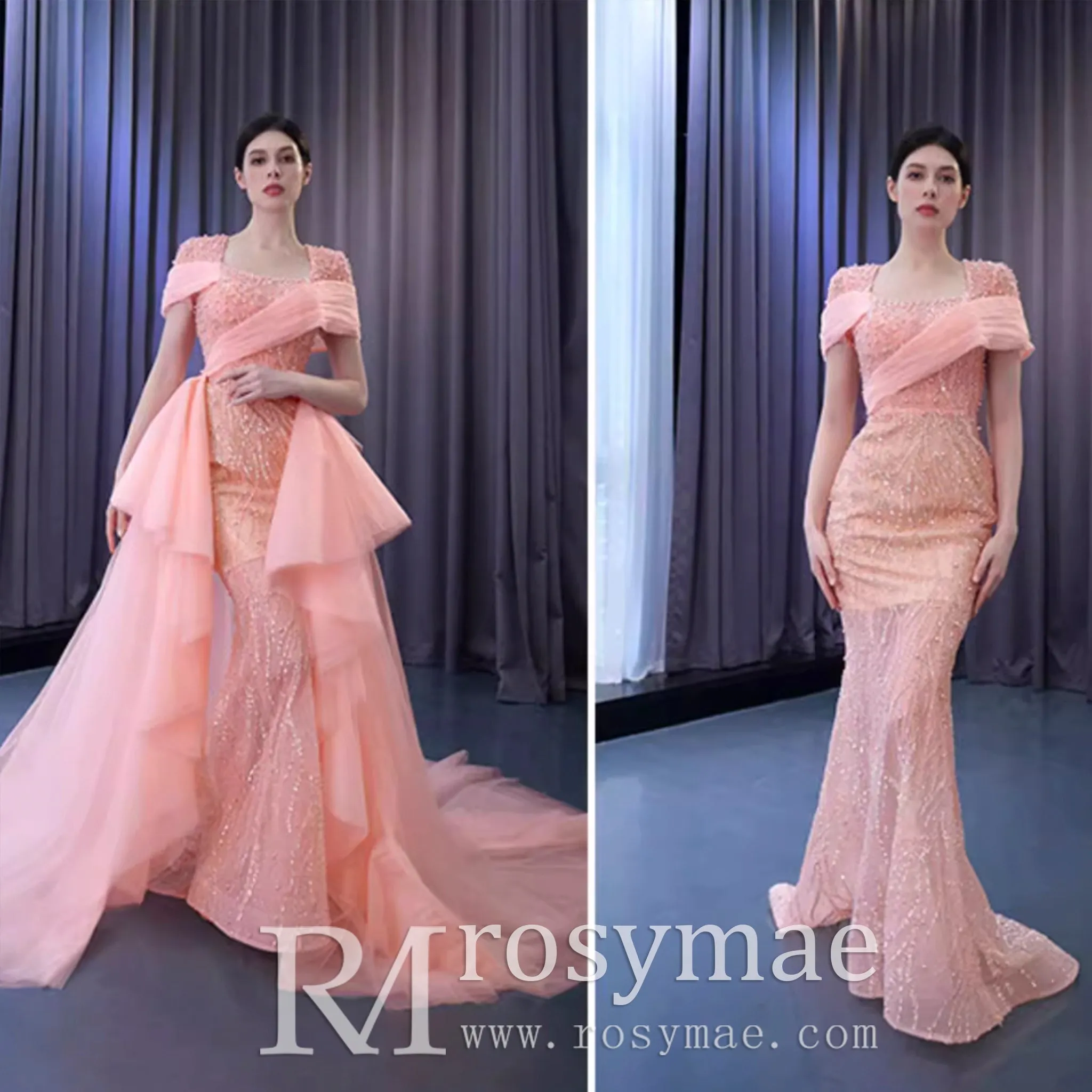 Pink Detachable Train Beading Mermaid Evening Gown See Through Party Dress