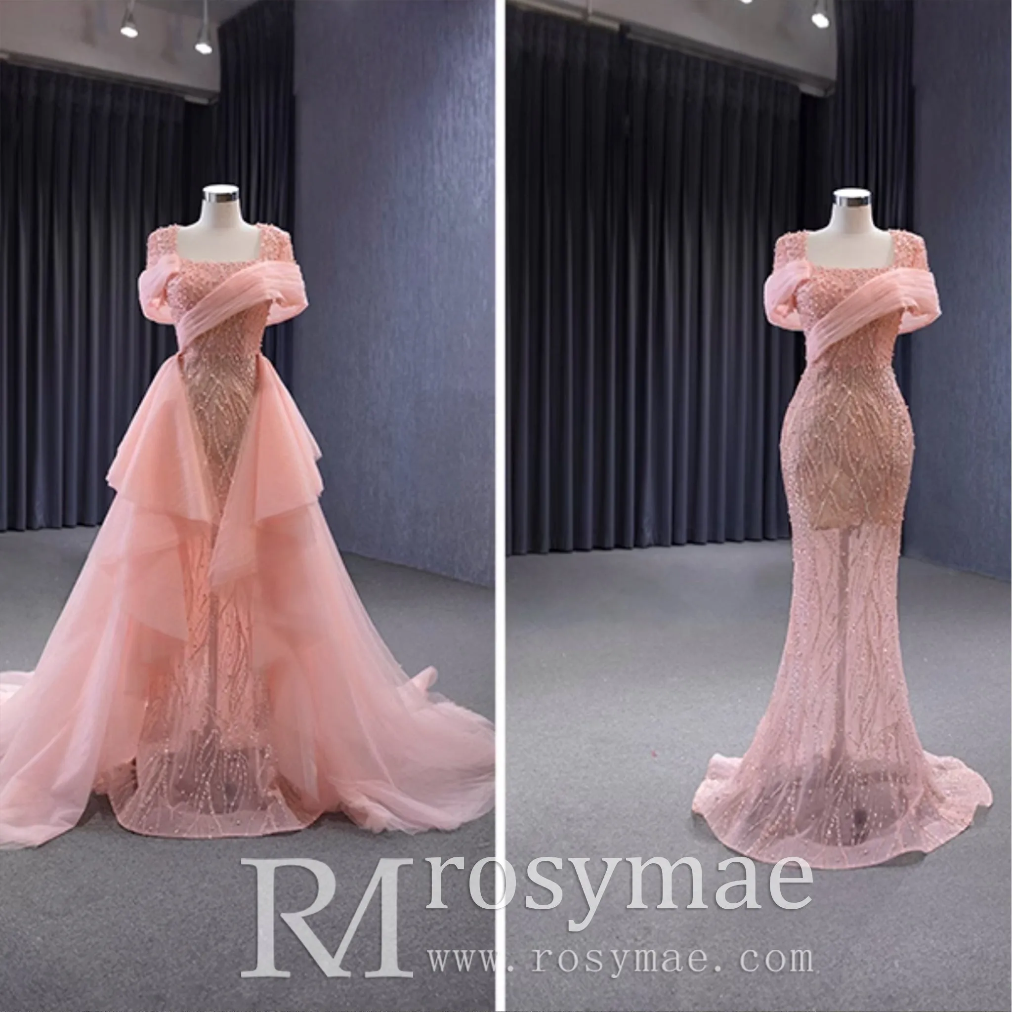 Pink Detachable Train Beading Mermaid Evening Gown See Through Party Dress