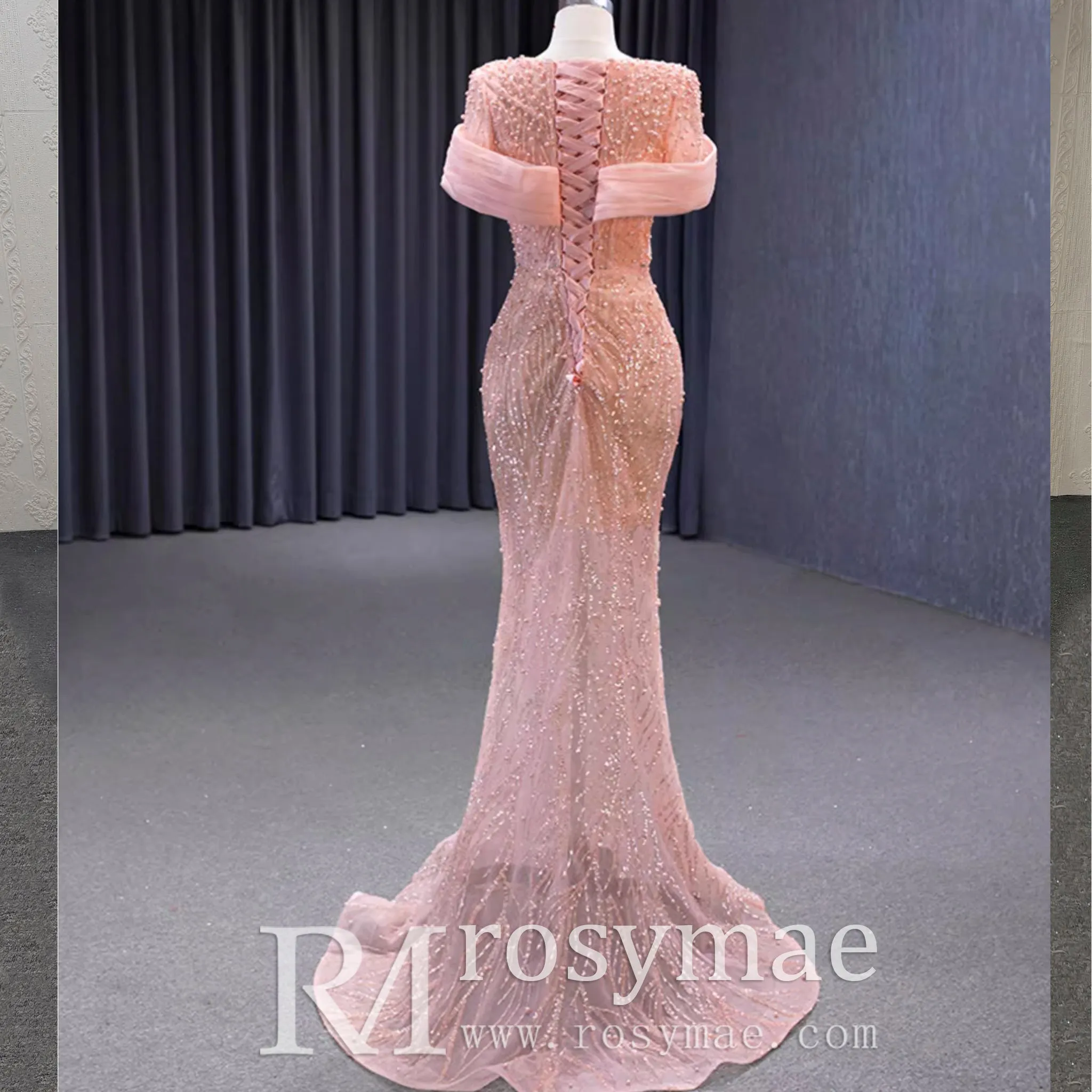 Pink Detachable Train Beading Mermaid Evening Gown See Through Party Dress