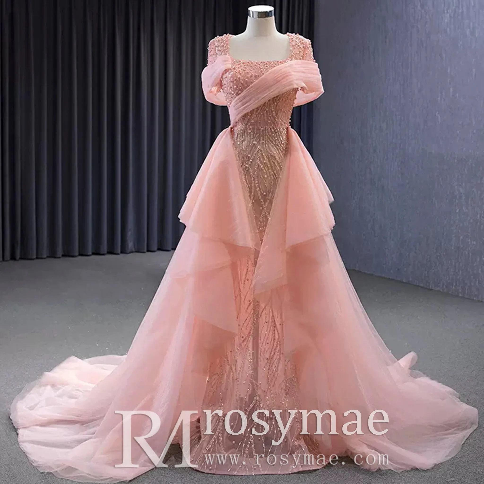 Pink Detachable Train Beading Mermaid Evening Gown See Through Party Dress