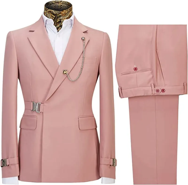 Pink Notched Lapel Slim Fit Men Suits For Prom Metal Side Release Buckle Tuxedo Suits