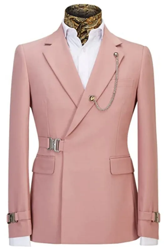 Pink Notched Lapel Slim Fit Men Suits For Prom Metal Side Release Buckle Tuxedo Suits