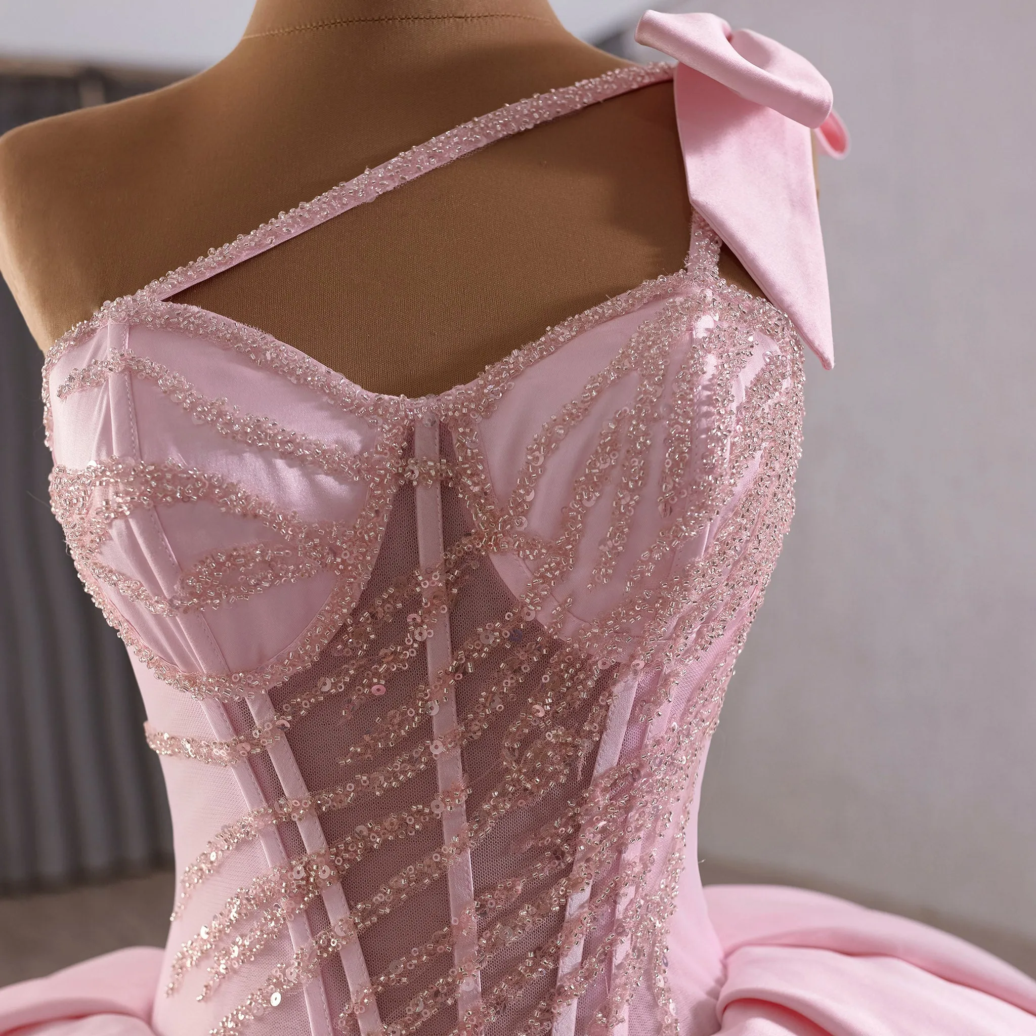Pink One Shoulder Asymmetrical Neckline Quinceanera Dresses