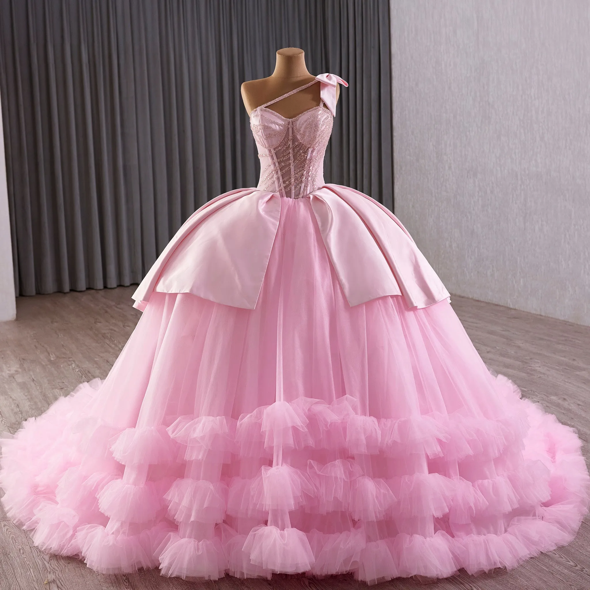 Pink One Shoulder Asymmetrical Neckline Quinceanera Dresses