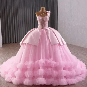 Pink One Shoulder Asymmetrical Neckline Quinceanera Dresses