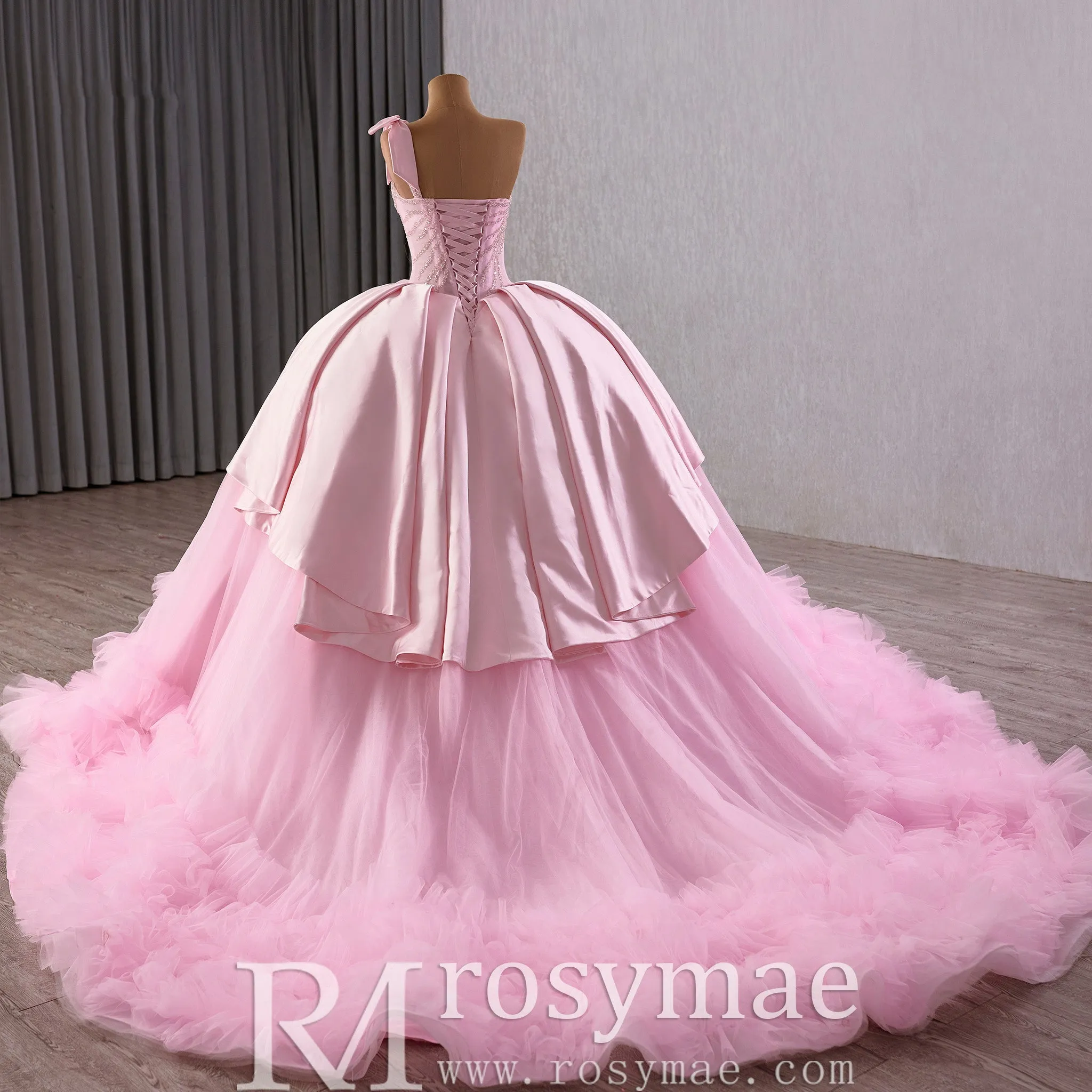 Pink One Shoulder Asymmetrical Neckline Quinceanera Dresses